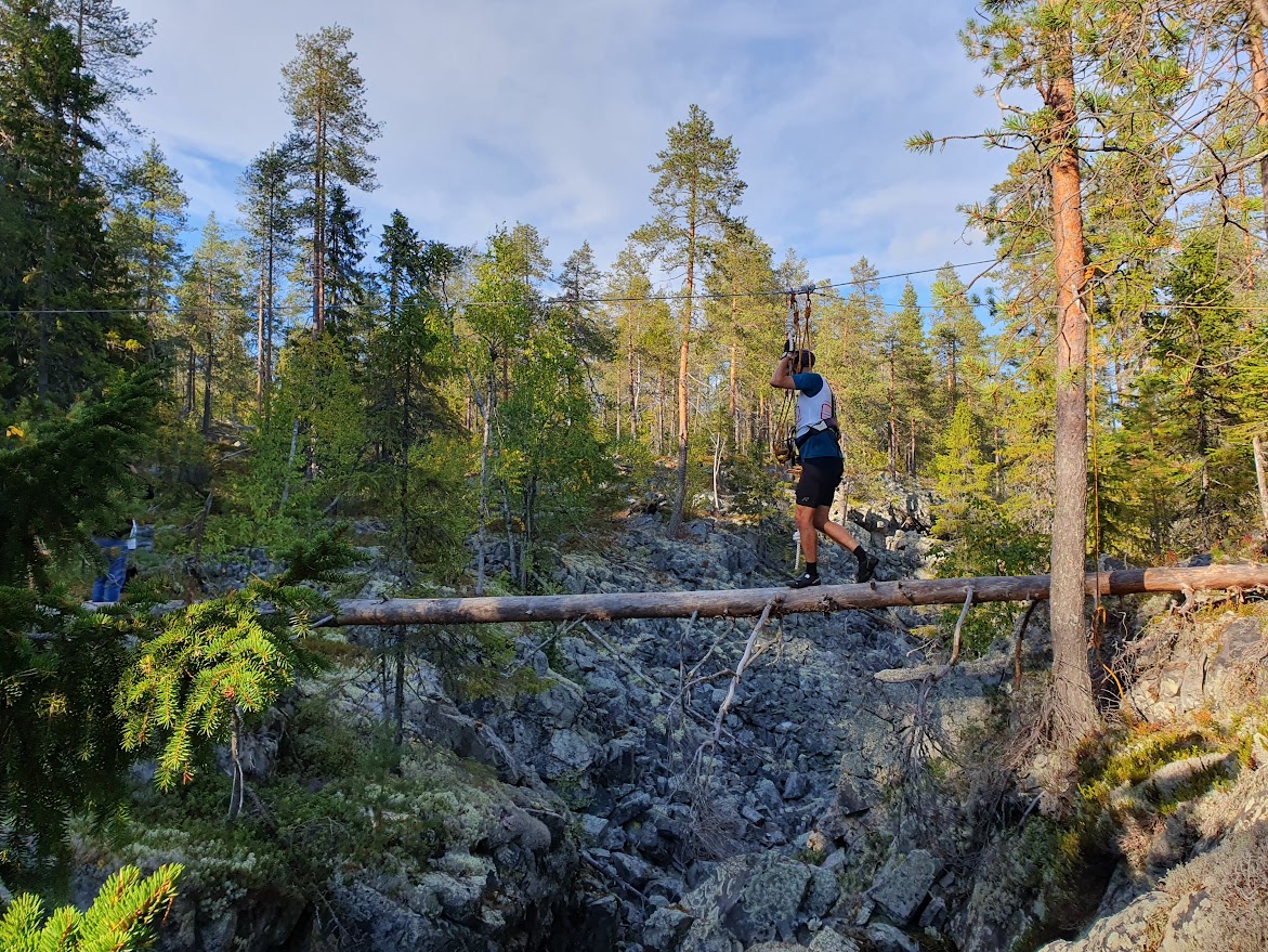 Henkilö kävelee metsässä kaatuneen puun päällä.