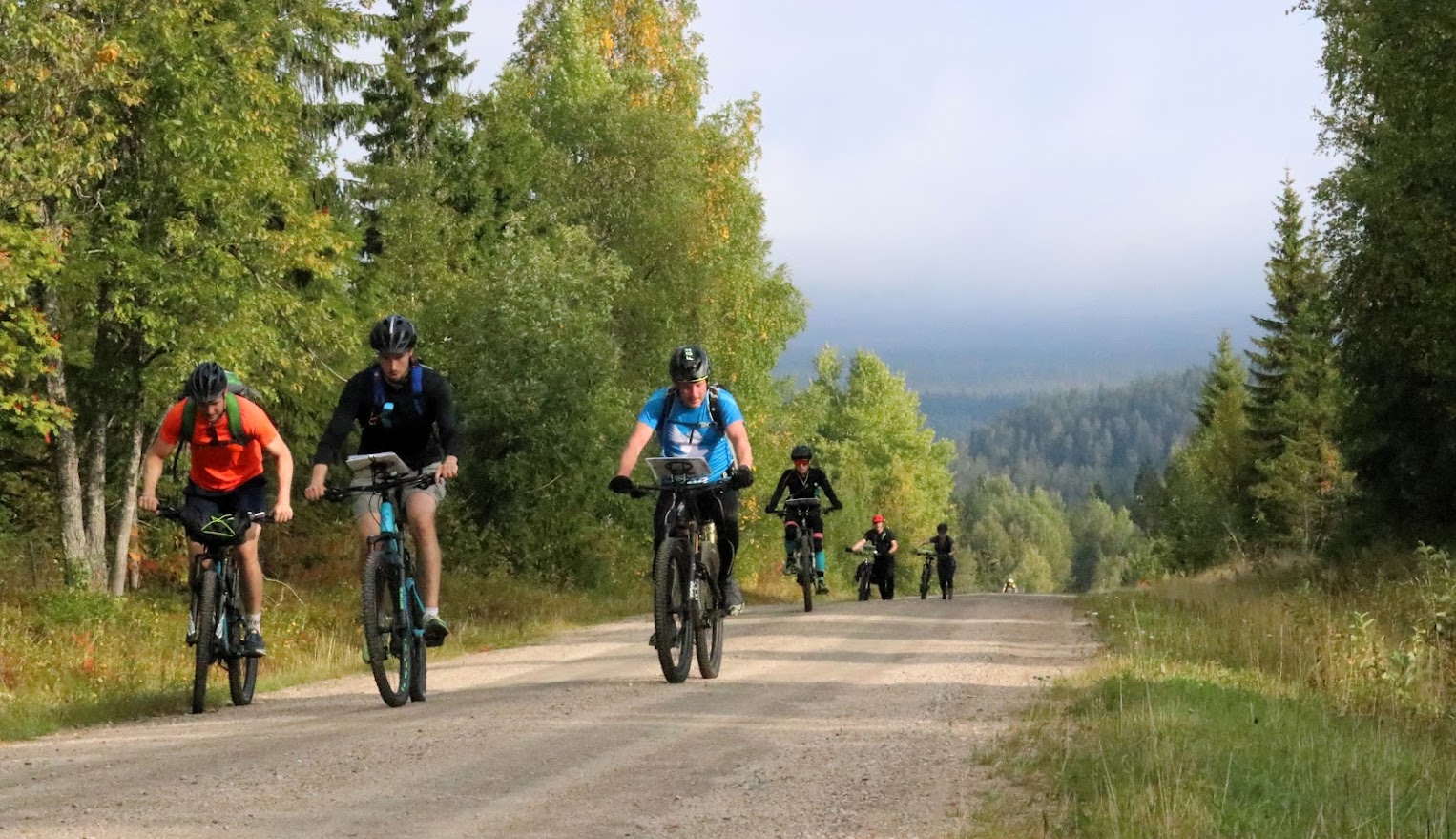 Henkilöt pyöräilevät hiekkatiellä.